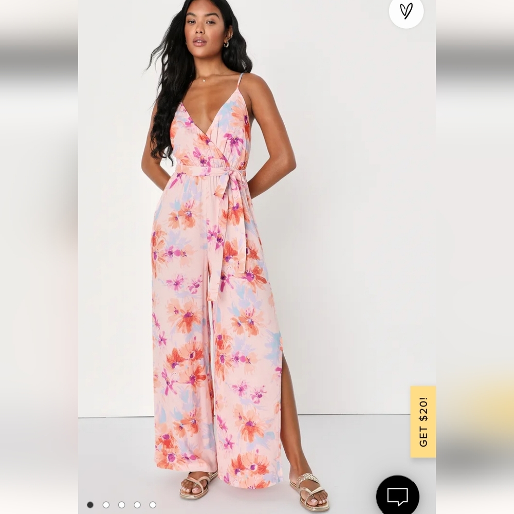 Lulu's Sunny Intentions Jumpsuit Pink Floral NWT Slit Leg Medium Tie Wai…
